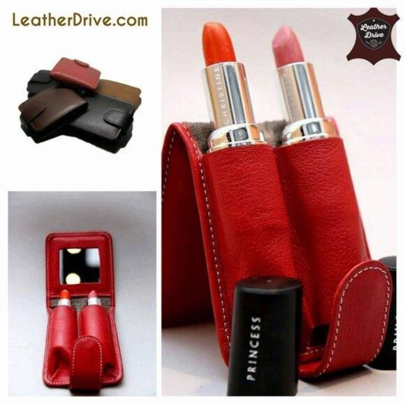 Bella Full Grain Leather Double Lipstick Case Holder with Mirror 4 Color's - Picture 1 of 9